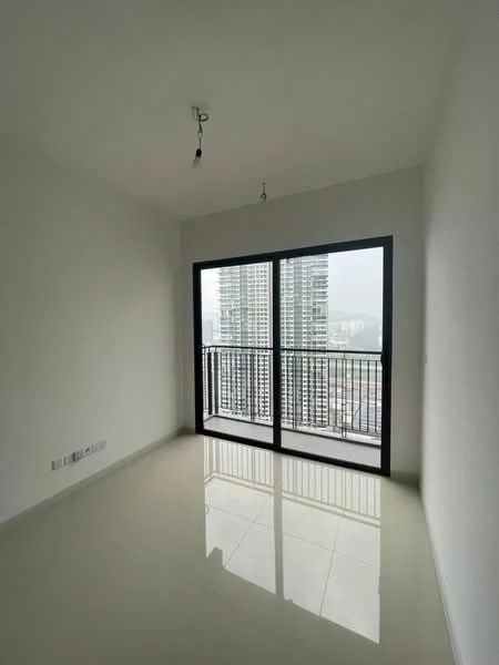 Room features: white painted walls, glossy tile flooring, floor-to-ceiling windows, black metal railing, city view, recessed ceiling lights, no visible furniture, neutral color scheme; style: modern; view: city.