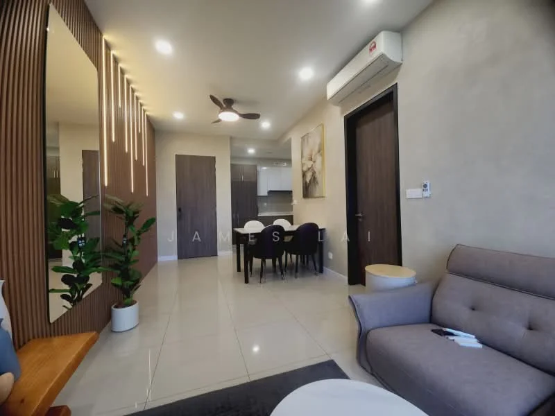 Living features: grey fabric sofa, round coffee table, 5-blade ceiling fan with light, wall-mounted air conditioning unit, white tiled flooring, decorative wall mirror, wooden accent wall, indoor plant, artwork on wall, dining table with black chairs, open kitchen area visible; style: modern.