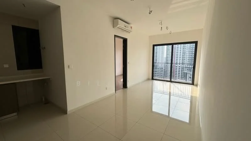 Living features: glossy ceramic tile flooring, white painted walls, recessed downlights, floor-to-ceiling windows, sliding glass door, air conditioning unit, balcony access, city view; style: modern; view: city. Kitchen features: built-in cabinetry, countertop, sink, kitchen island; style: modern.