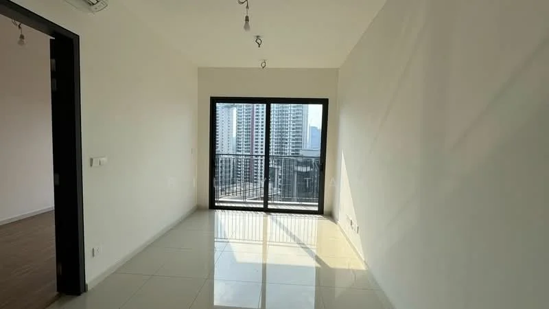 Room features: white painted walls, glossy tile flooring, floor-to-ceiling windows, black sliding glass door, natural light from large window, city skyline view, recessed ceiling lights; style: modern; view: city.