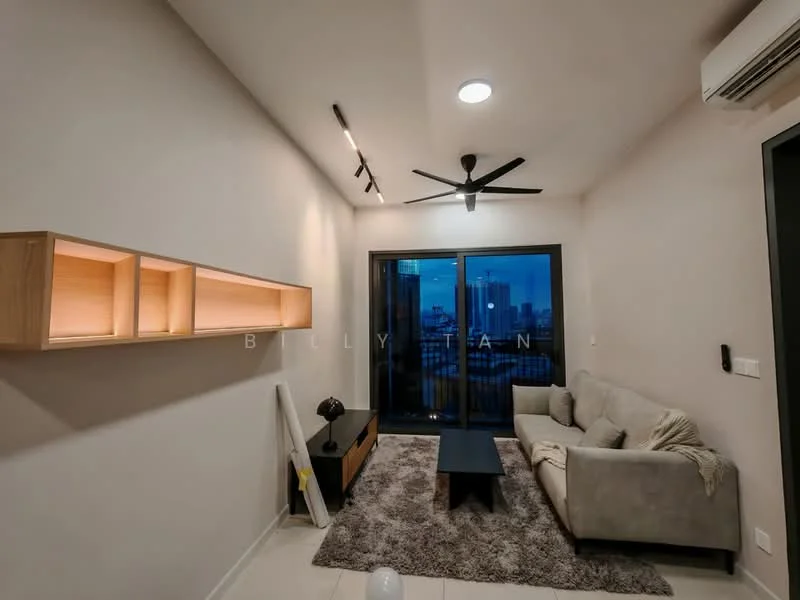 Living features: 3-seater fabric sofa in light grey, coffee table, area rug with plush texture, wall-mounted TV console, floor-to-ceiling windows, sliding glass door, 5-blade ceiling fan with light, recessed downlights, decorative wall shelf with lighting, neutral painted walls, light-colored flooring; style: modern; view: city.
