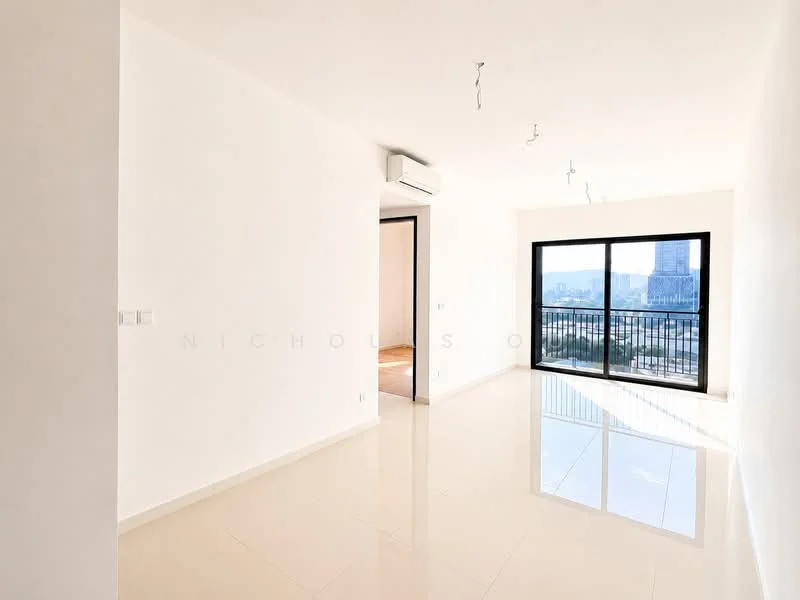 Living features: white painted walls, glossy tile flooring, floor-to-ceiling windows, black metal railing on balcony, recessed downlights, 1 wall-mounted split AC, open layout, city view; style: modern; view: city.