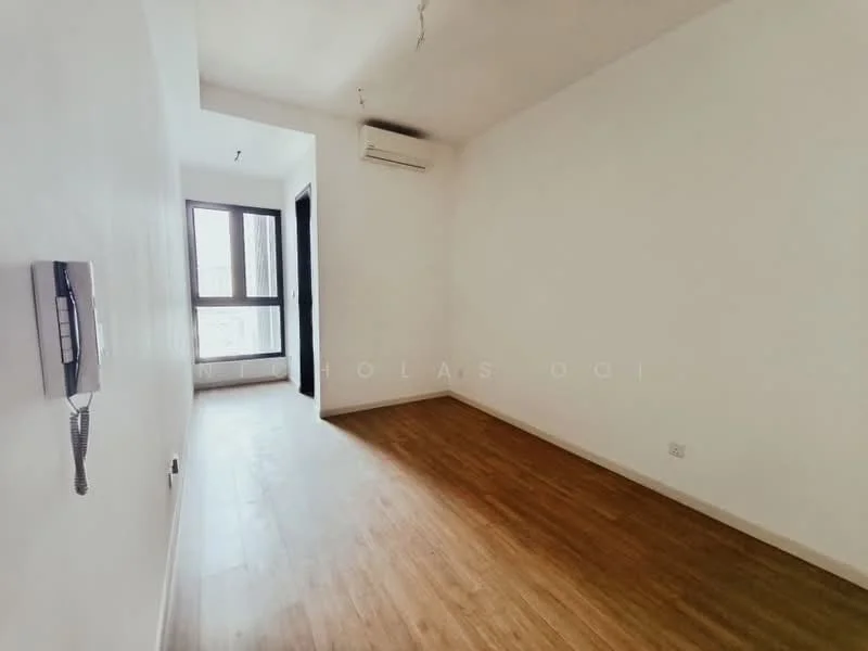Room features: light wood flooring, white painted walls, 1 wall-mounted split AC, floor-to-ceiling windows, black framed door, intercom panel; style: modern; view: city.