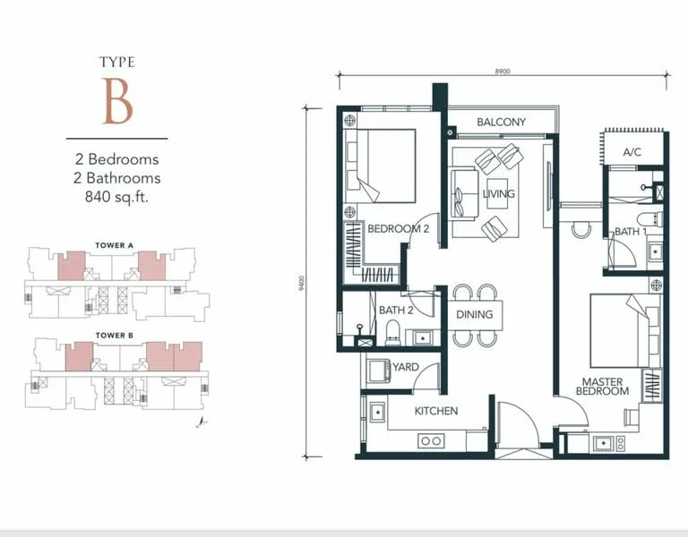 Floor plan: 2-bedroom 2-bathroom unit; features: open-plan kitchen-dining-living, master bedroom with ensuite bathroom, balcony off living room, utility room, yard area, central foyer.