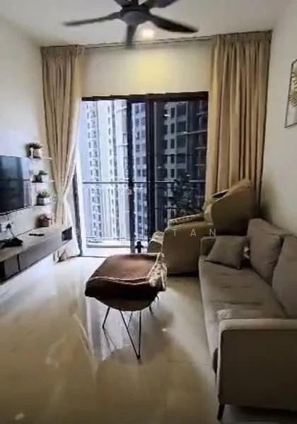 Living features: 3-seater fabric sofa in light grey, coffee table with metal legs, wall-mounted TV, floor-to-ceiling windows, sheer curtains, marble tile flooring, ceiling fan with light, decorative wall art, potted plant on balcony, balcony view of city; style: modern; view: city.