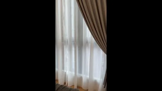 Room features: sheer curtains, brown drapes, floor-to-ceiling windows, wooden flooring.