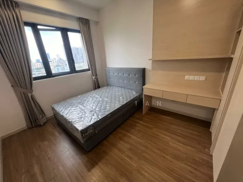 Bedroom features: queen-size bed, upholstered headboard, wooden flooring, floor-to-ceiling windows, grey curtains, built-in desk with drawers, light wood cabinetry, neutral wall color; style: modern; view: city.