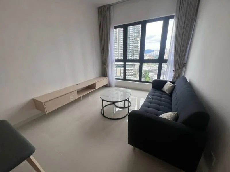 Living features: grey fabric sofa, glass coffee table, light-colored wall-mounted TV console, floor-to-ceiling windows, curtains, neutral painted walls, tile flooring, city view; style: modern; view: city.