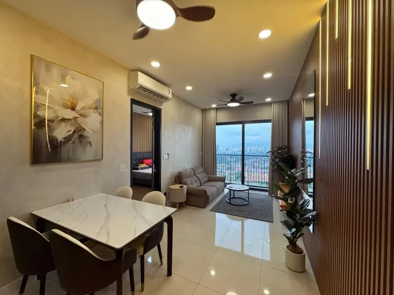 Living features: sofa in grey fabric, coffee table with marble top, wall-mounted TV, area rug, 5-blade ceiling fan with light, floor-to-ceiling windows, city view, decorative wall with vertical wood panels, framed artwork, potted plant; style: modern; view: city. Dining features: 6-seater dining table with marble top, upholstered dining chairs, pendant lighting, open layout to living area; style: modern; view: city.