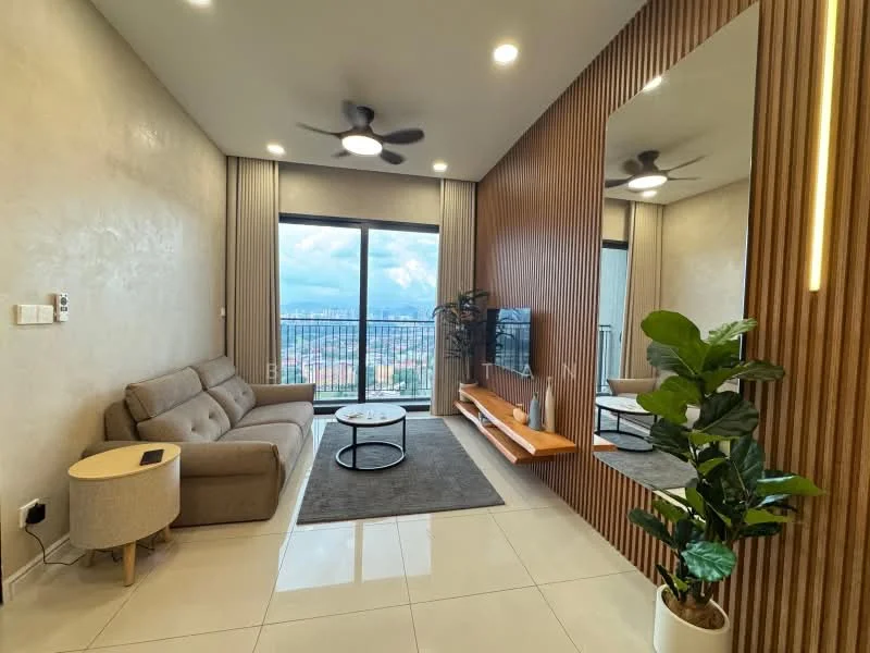 Living features: 3-seater fabric sofa in grey, round coffee table, area rug with geometric pattern, wall-mounted TV, wooden TV console, floor-to-ceiling windows, city view, ceiling fan, decorative mirror, wood panel accent wall, potted plant; style: modern; view: city.