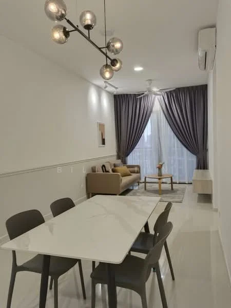 Dining features: white marble dining table, 4 grey dining chairs, pendant light fixture with multiple bulbs, light grey area rug, cream painted walls, floor-to-ceiling windows with sheer curtains, sofa in beige, decorative wall art, wall-mounted air conditioning unit, recessed ceiling lights; style: modern.
