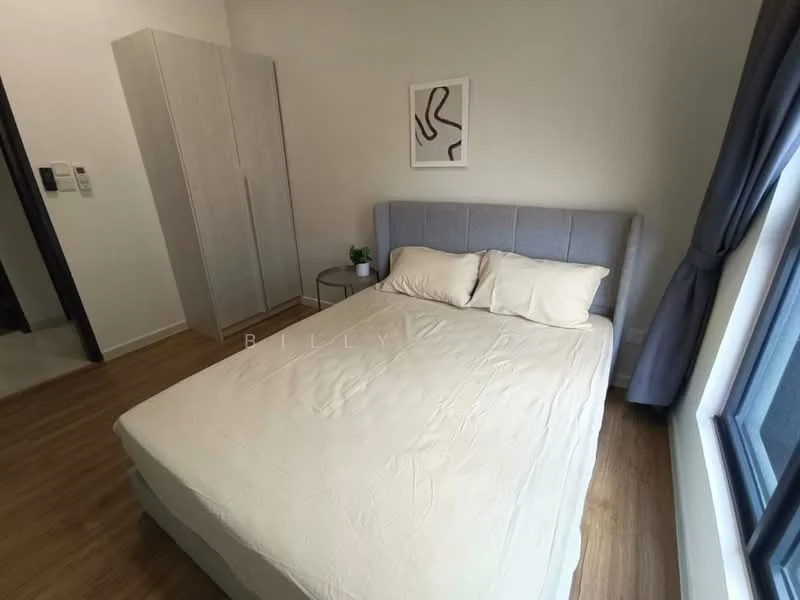 Bedroom features: queen-size bed with upholstered headboard, light-colored bedding, wooden flooring, built-in wardrobe with sliding doors, side table, decorative wall art, floor-to-ceiling window with curtains, natural light; style: modern.