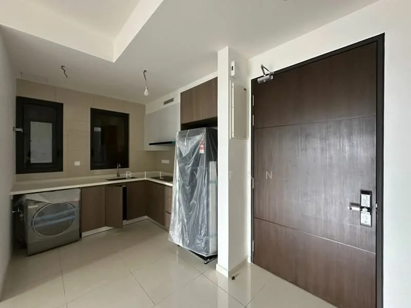Kitchen features: white countertop, brown cabinetry, stainless-steel fridge, built-in oven, ceramic tile flooring, single-bowl stainless-steel sink, chrome pull-down faucet, washer/dryer combo, recessed downlights, window with black frame; style: modern.