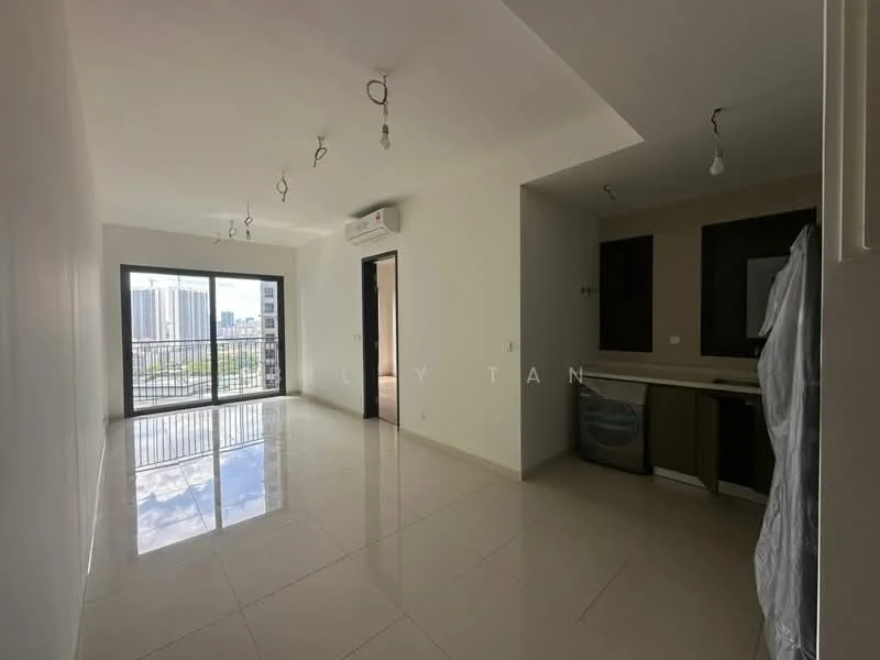 Living features: white painted walls, glossy tile flooring, floor-to-ceiling windows, sliding glass door, recessed downlights, air conditioning unit, open kitchen layout, kitchen cabinetry, countertop, washing machine; style: modern; view: city.