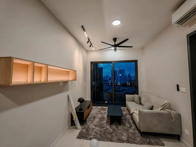 Living features: 3-seater fabric sofa in light grey, coffee table, area rug, wall-mounted TV console, ceiling fan with light, recessed downlights, floor-to-ceiling sliding glass door, city view through window, light-colored walls, light-colored flooring; style: modern; view: city.