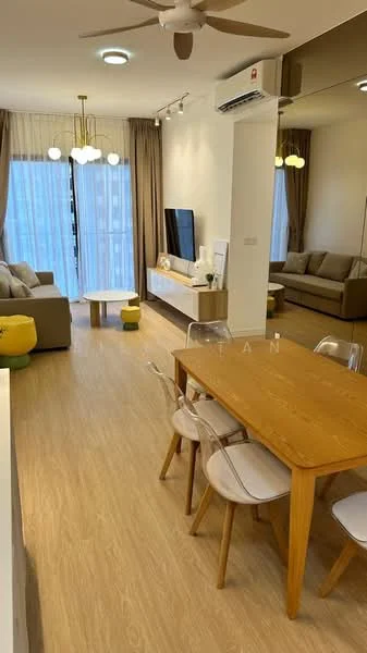 Living features: 3-seater fabric sofa in beige, 2-seater fabric sofa in grey, coffee table, TV console, wall-mounted TV, area rug, 5-blade ceiling fan with light, recessed LED downlights, floor-to-ceiling windows with sheer curtains, wooden flooring, decorative mirror, wall-mounted shelves; style: modern; view: city. Dining features: 6-seater wooden dining table, transparent plastic dining chairs, pendant lighting above dining table, open shelving, decorative plant, wooden flooring; style: modern.