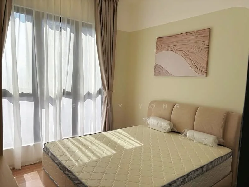 Bedroom features: queen-size bed, upholstered headboard, two decorative pillows, floor-to-ceiling windows, sheer curtains, wooden flooring, light green painted walls, framed artwork on wall; style: modern.