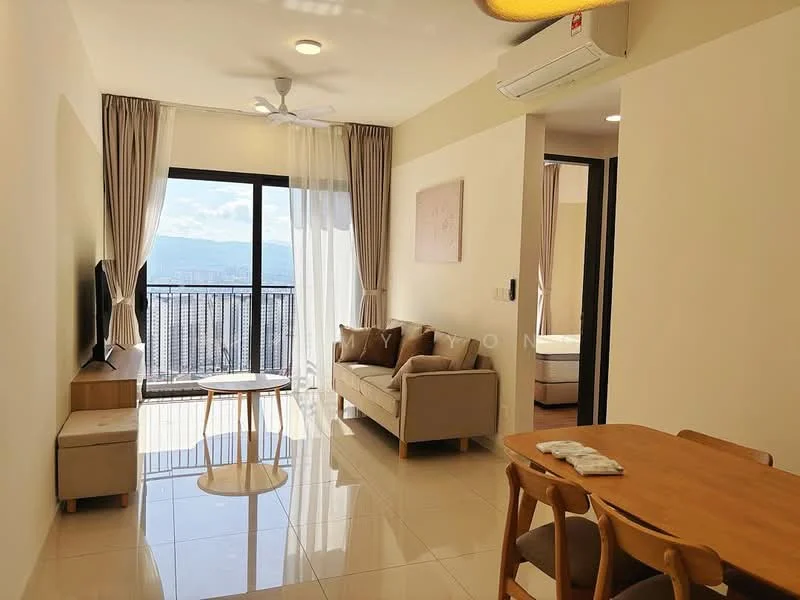Living features: 3-seater fabric sofa in beige, coffee table, wall-mounted TV, floor-to-ceiling windows, sheer curtains, ceiling fan, recessed downlights, tile flooring, air conditioning unit, decorative wall art; style: modern; view: city. Dining features: 6-seater dining table, wooden dining chairs; style: modern; view: city.