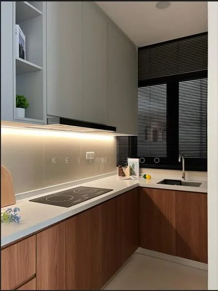 Kitchen features: L-shaped countertop, white quartz countertop, wood cabinetry, built-in induction cooktop, stainless-steel sink, chrome pull-down faucet, under-cabinet lighting, open shelving, black window blinds, wall-mounted cabinet, decorative plant on shelf; style: modern.