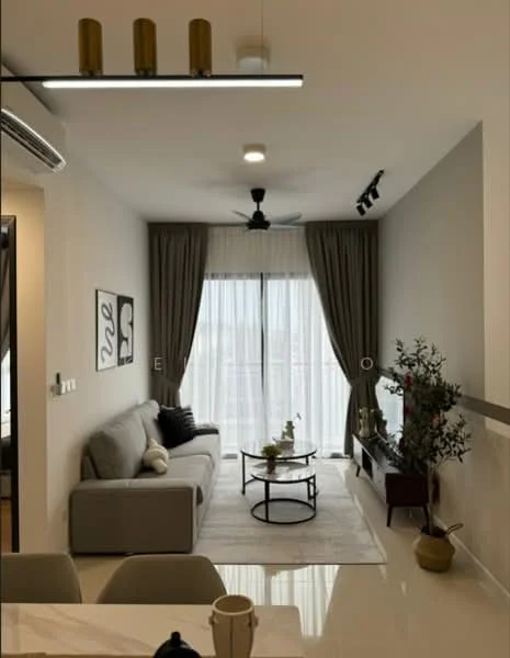 Living features: 3-seater fabric sofa in light grey, coffee table with round top, TV console with storage, wall-mounted TV, area rug with geometric pattern, floor-to-ceiling windows, sheer curtains, 5-blade ceiling fan with light, recessed LED downlights, decorative plant in ceramic pot, framed artwork on walls, wall sconce lighting; style: modern; view: city.