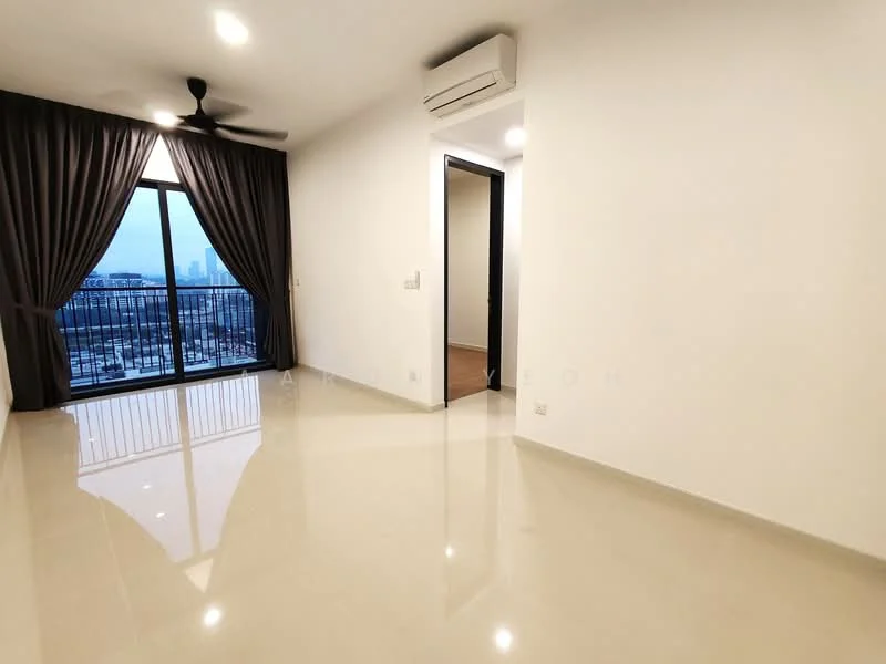 Living features: white painted walls, polished ceramic tile flooring, 5-blade ceiling fan with light, floor-to-ceiling windows, blackout curtains, balcony access, air conditioning unit, natural light from large window; style: modern; view: city. Room features: doorway leading to another room, neutral wall color, light switch.