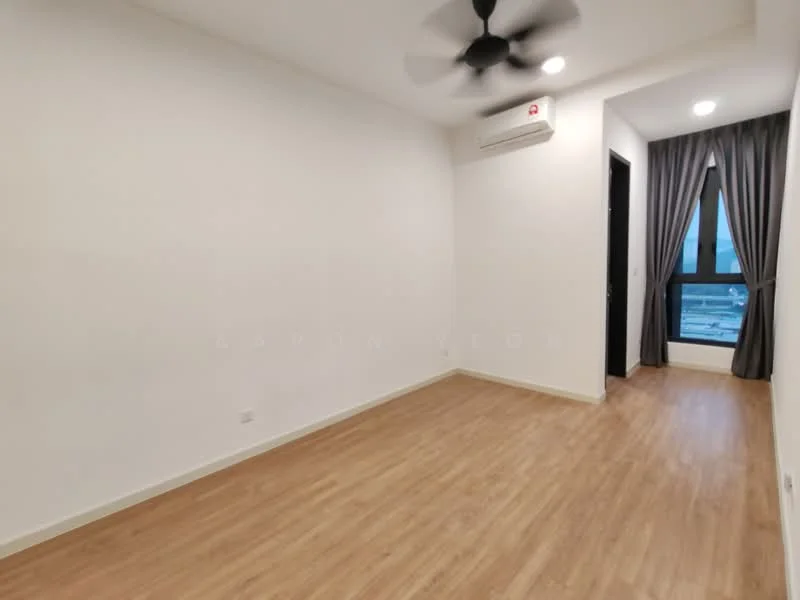 Room features: light wood laminate flooring, white painted walls, ceiling fan, wall-mounted air conditioning unit, floor-to-ceiling window, grey curtains, doorway leading to another room; style: modern; view: city.