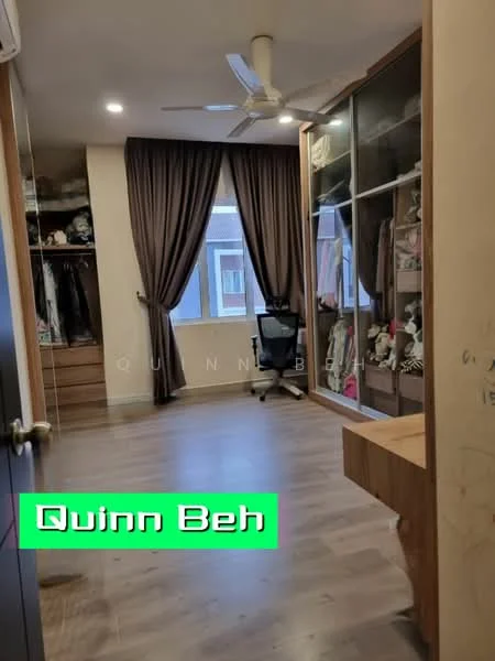 Bedroom features: wooden flooring, floor-to-ceiling windows, dark brown curtains, 5-blade ceiling fan, built-in wardrobe with glass doors, study desk, office chair, decorative items on shelves; style: modern.