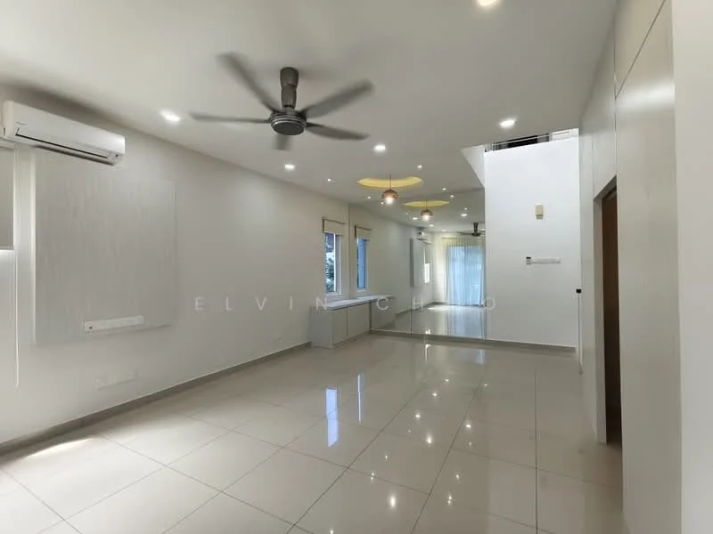 Living features: white painted walls, glossy ceramic tile flooring, 5-blade ceiling fan with light, recessed downlights, large windows with sheer curtains, sliding glass door, wall-mounted air conditioning unit, decorative ceiling feature, neutral color palette; style: modern.