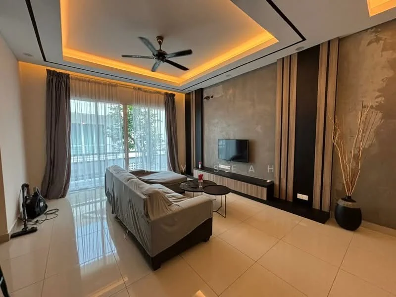 Living features: sofa with grey upholstery, coffee table, wall-mounted TV, TV console, floor-to-ceiling windows, sheer curtains, recessed LED downlights, ceiling fan, decorative wall with textured finish, light wood flooring, decorative plant in pot, accent wall with vertical stripes; style: modern; view: garden.