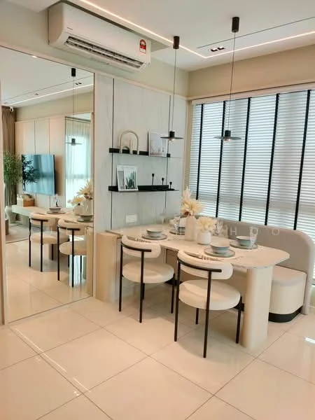 Dining features: round dining table, 4 upholstered dining chairs, white table with beige accents, mirrored wall, wall-mounted shelving, decorative vases, artwork on shelf, floor-to-ceiling windows with blinds, air conditioning unit, light fixtures, neutral wall colour, glossy tile flooring; style: modern. Living features: sofa visible in reflection, TV console visible in reflection, decorative plants visible in reflection; style: modern.