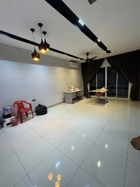Living features: white painted walls, polished ceramic tile flooring, recessed downlights, 3-blade ceiling fan, 3 pendant lights, floor-to-ceiling windows, blackout curtains, dining table, plastic chair, ironing board, air conditioning unit; style: modern; view: city.