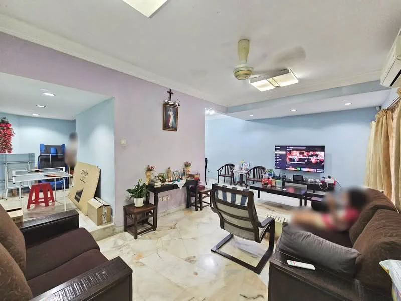 Living features: marble flooring, light purple painted walls, white ceiling with recessed lighting, 5-blade ceiling fan, wall-mounted TV, TV console, 2-seater fabric sofa in brown, armchair, coffee table, decorative plants, framed artwork, curtains, open layout to adjacent room; style: modern.