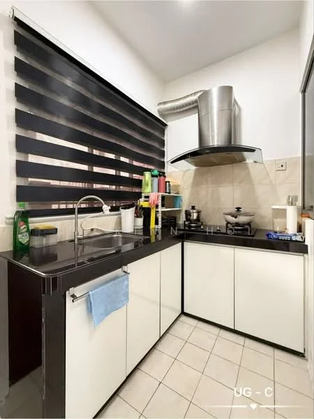 Kitchen features: black granite countertop, white cabinetry with flat-panel doors, stainless-steel sink, chrome pull-down faucet, built-in stainless-steel range hood, ceramic tile flooring, black and white striped window blinds, wall-mounted storage shelves, kitchen appliances including stove and kettle, cleaning supplies on countertop; style: modern.