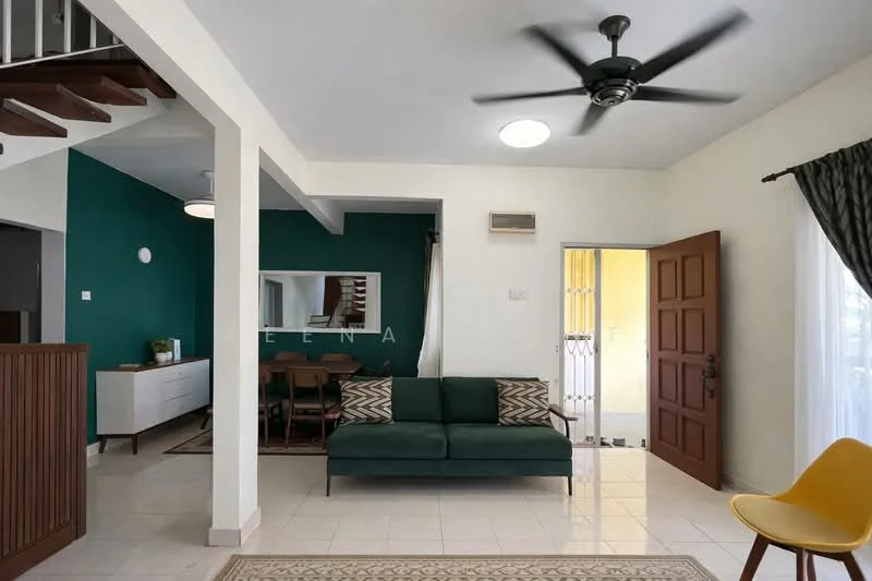 Living features: green accent wall, white painted walls, ceiling fan, recessed ceiling light, 3-seater fabric sofa in green, coffee table, area rug with geometric pattern, wall-mounted mirror, dining area with 4-seater dining table, sliding glass door, curtains, tile flooring; style: modern. Dining features: 4-seater dining table, wooden dining chairs; style: modern.