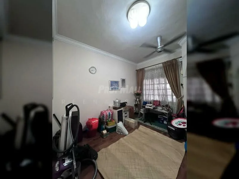 Room features: cream painted walls, wood flooring, ceiling fan, curtains, window with view, decorative ceiling light, carpet, various storage boxes, vacuum cleaner, furniture pieces, area rug.