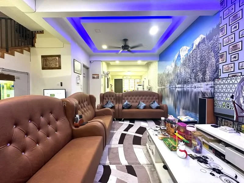 Living features: 2 brown tufted sofas, ceiling fan, recessed LED downlights, blue LED accent lighting, wall-mounted TV, white TV console, decorative wall with mountain and lake mural, area rug with geometric pattern, coffee table, decorative wall frames, open layout to adjacent rooms; style: modern.