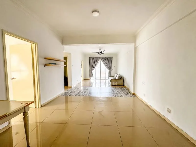 Living features: cream tiled flooring, white painted walls, ceiling fan, floor-to-ceiling windows, curtains, sliding glass door, decorative wall shelf, neutral-colored sofa, area rug with geometric pattern; style: modern. Room features: cream tiled flooring, white painted walls.