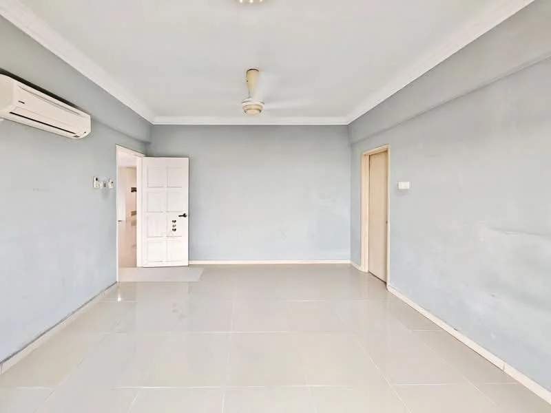 Room features: light grey painted walls, white ceiling with crown moulding, white tiled flooring, 1 wall-mounted split AC, ceiling fan, single door, door frame, empty space; style: minimalist.