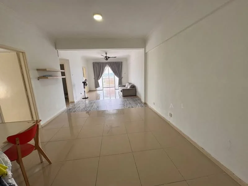 Living features: cream painted walls, glossy tile flooring, 5-blade ceiling fan with light, floor-to-ceiling windows, curtains, sofa, coffee table, area rug; style: modern; view: city. Dining features: dining table, wooden chair; style: modern.