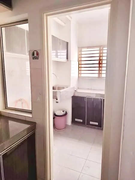 Kitchen features: single-bowl stainless-steel sink, chrome pull-down faucet, grey cabinetry, white tiled backsplash, countertop with grey finish, window with horizontal slats, ceramic tile flooring, built-in storage cabinets, pink waste bin; style: modern.