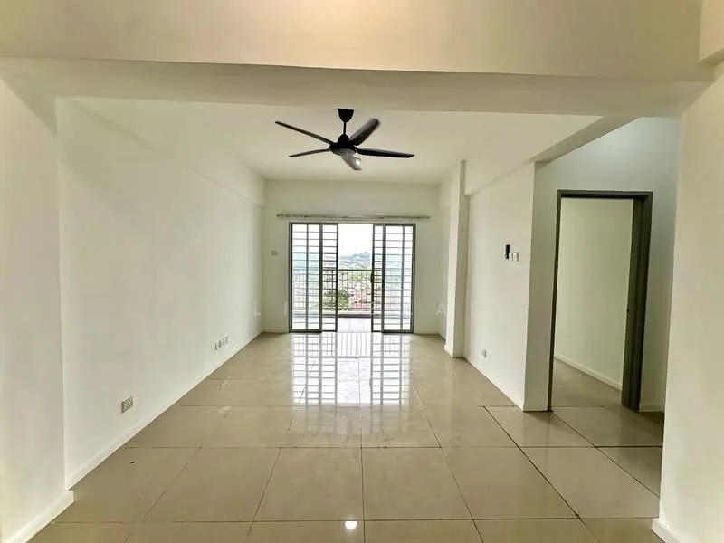 Living features: white painted walls, glossy ceramic tile flooring, 5-blade ceiling fan with light, floor-to-ceiling windows, sliding glass door, balcony access, neutral decor, natural light; style: modern; view: city. Room features: white painted walls, glossy ceramic tile flooring, doorway leading to another room.