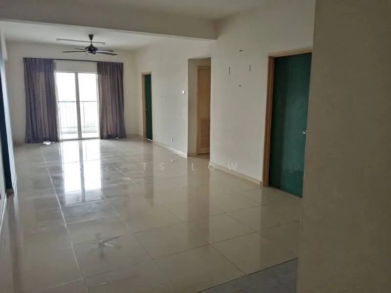 Living features: glossy tile flooring, white painted walls, ceiling fan, floor-to-ceiling windows, sliding glass door, curtains, neutral color scheme, open layout; style: modern; view: city. Room features: green doors, door frames, light switches, wall-mounted light fixtures.