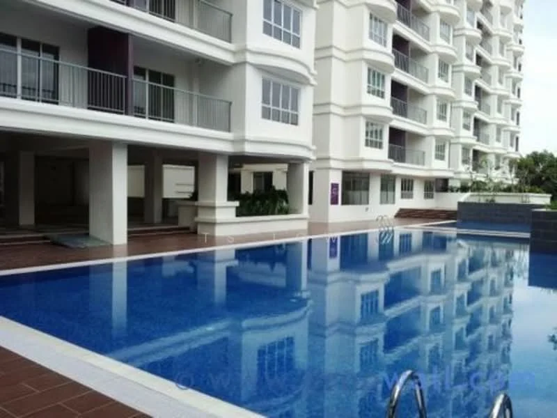 Exterior type: mid-rise condominium; features: swimming pool, pool deck with loungers, balconies on upper floors, glass railings, white painted facade, landscaped garden area, tile flooring around pool, water feature, multiple storeys, large windows; style: modern.