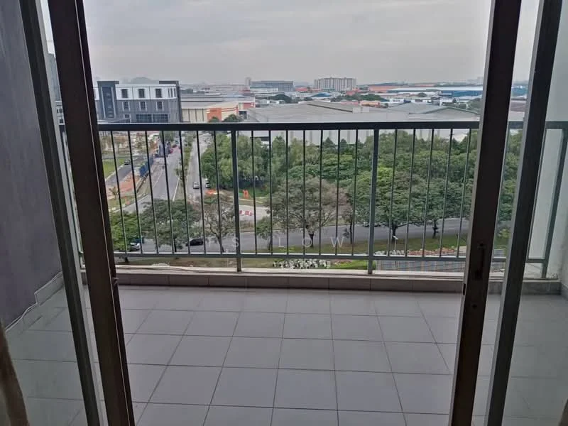Balcony features: sliding glass door, tile flooring, metal railing, city view, open space; view: city.