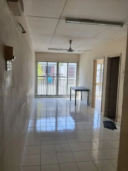 Room features: white painted walls, ceiling with fluorescent lighting, sliding glass door, floor-to-ceiling windows, white tiled flooring, ceiling fan, balcony view, table, door to adjacent room.