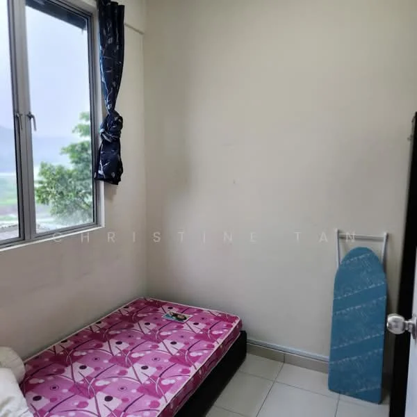 Bedroom features: single bed with pink patterned bedding, white walls, tiled flooring, floor-to-ceiling window, blue curtains, small bedside table, blue ironing board, view of greenery outside; view: garden.