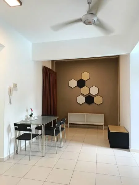 Dining features: 4-seater dining table, black dining chairs, white walls, cream accent wall, hexagonal wall art, ceiling fan, tile flooring, curtains, sideboard, decorative plant; style: modern.