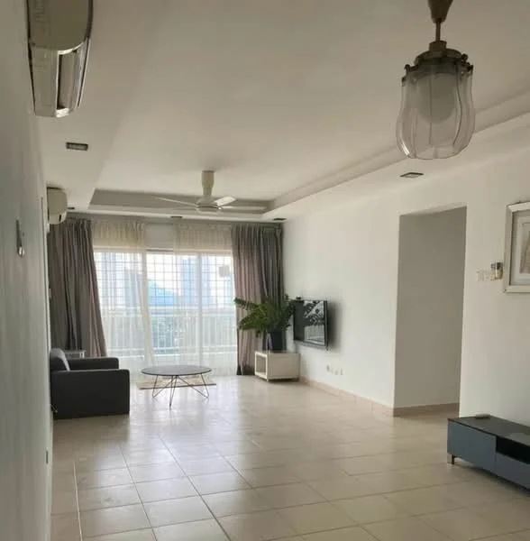 Living features: white painted walls, tile flooring, 5-blade ceiling fan with light, recessed downlights, large sliding glass door, floor-to-ceiling windows, curtains, sofa in grey, coffee table, TV console, wall-mounted TV, decorative plant, area rug; style: modern; view: city.