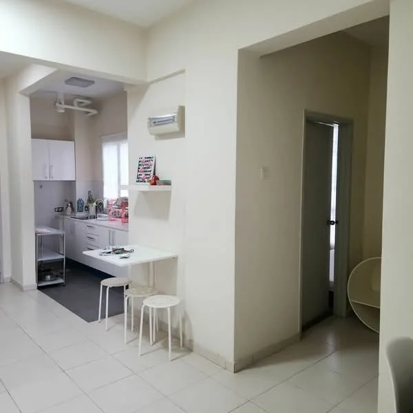 Kitchen features: white cabinetry, stainless-steel sink, built-in oven, freestanding range oven, white tiled backsplash, refrigerator, countertop with space for appliances, kitchen island with seating, light-colored walls, tile flooring; style: modern. Room features: light-colored walls, tile flooring, air conditioning unit, doorway leading to another room.