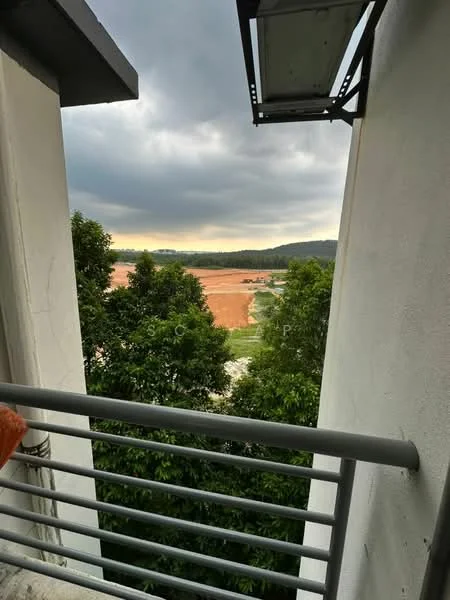Room features: balcony with railing, view of landscape, greenery visible, cloudy sky, concrete walls, grey ceiling, overhang above balcony; view: landscape.